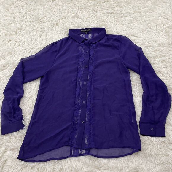 FREE CULTURE Sheer lace Top Button Up Shirt Women L Fairy Boho Whimsy Romantic - Picture 10 of 16